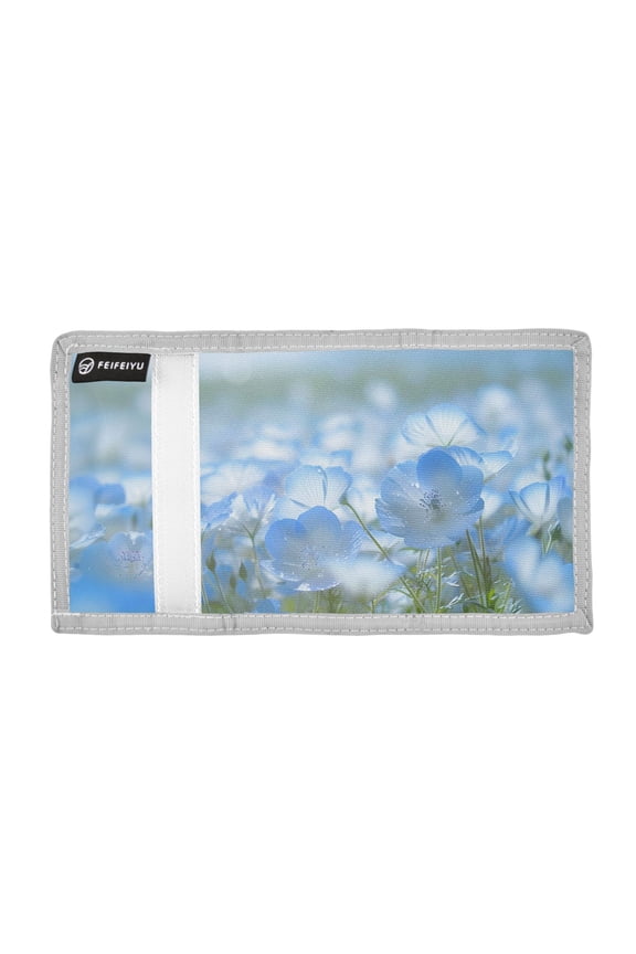 Blooming Nemophila Flowers Trifold Wallets Card Holders Coin Pockets with Lanyards Portable Unisex
