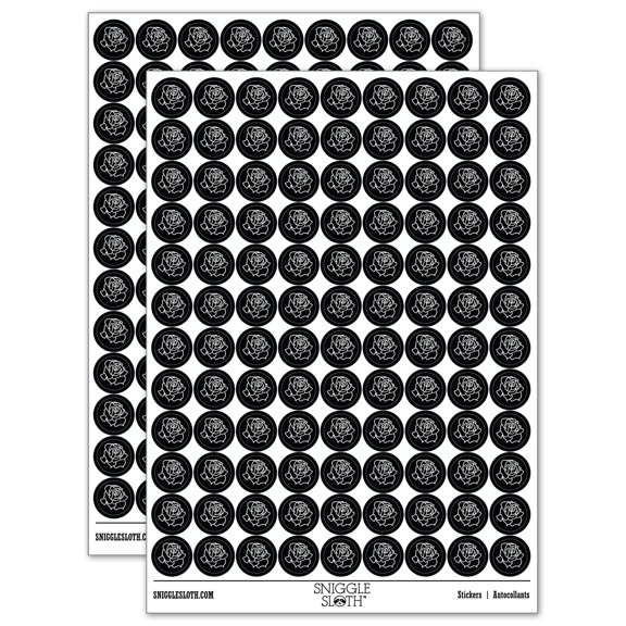 Blooming Open Rose Flower Outline 200+ Round Stickers - Black - Gloss Finish - 0.50" Size