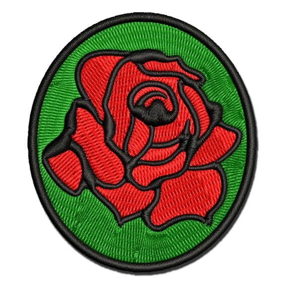 Blooming Open Rose Flower Outline Applique Multi-Color Embroidered Iron-On Patch - 3.5 Inch Large