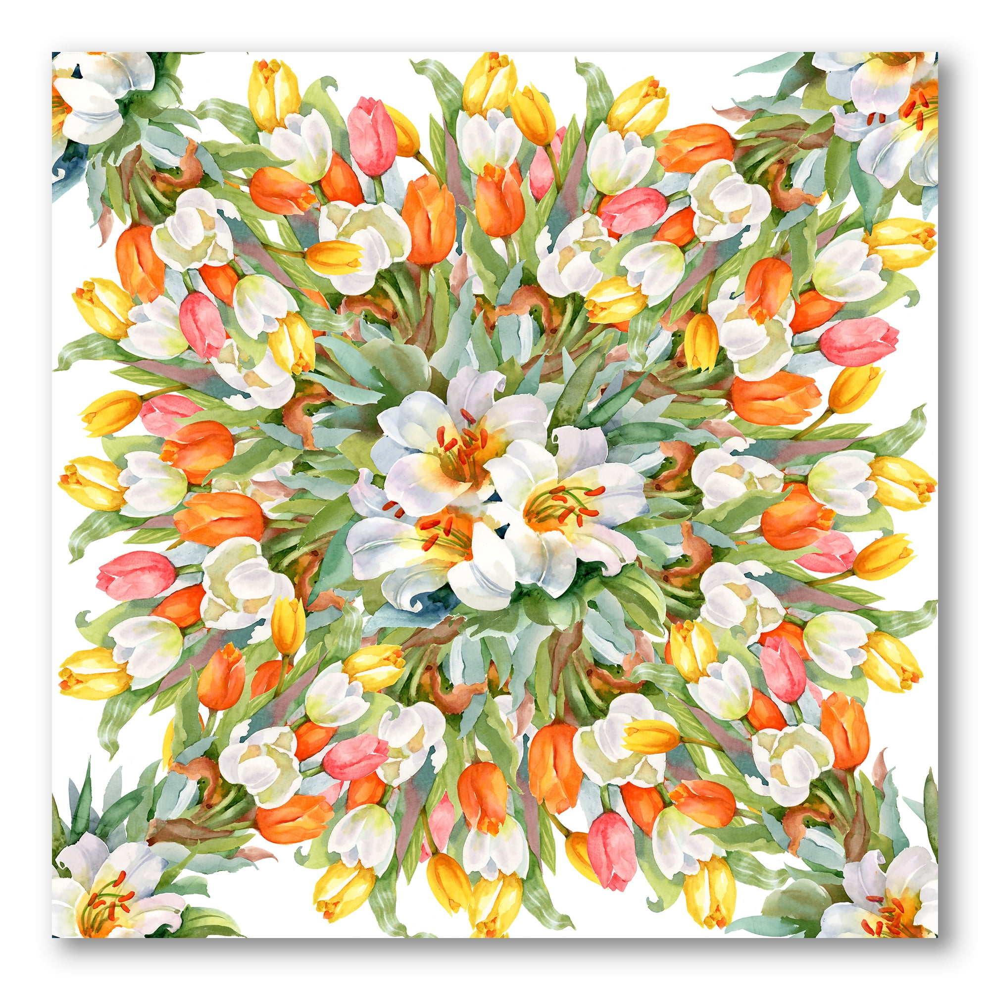 Blooming Orange and White Tulips I 16 in x 16 in Painting Canvas Art Print, by Designart