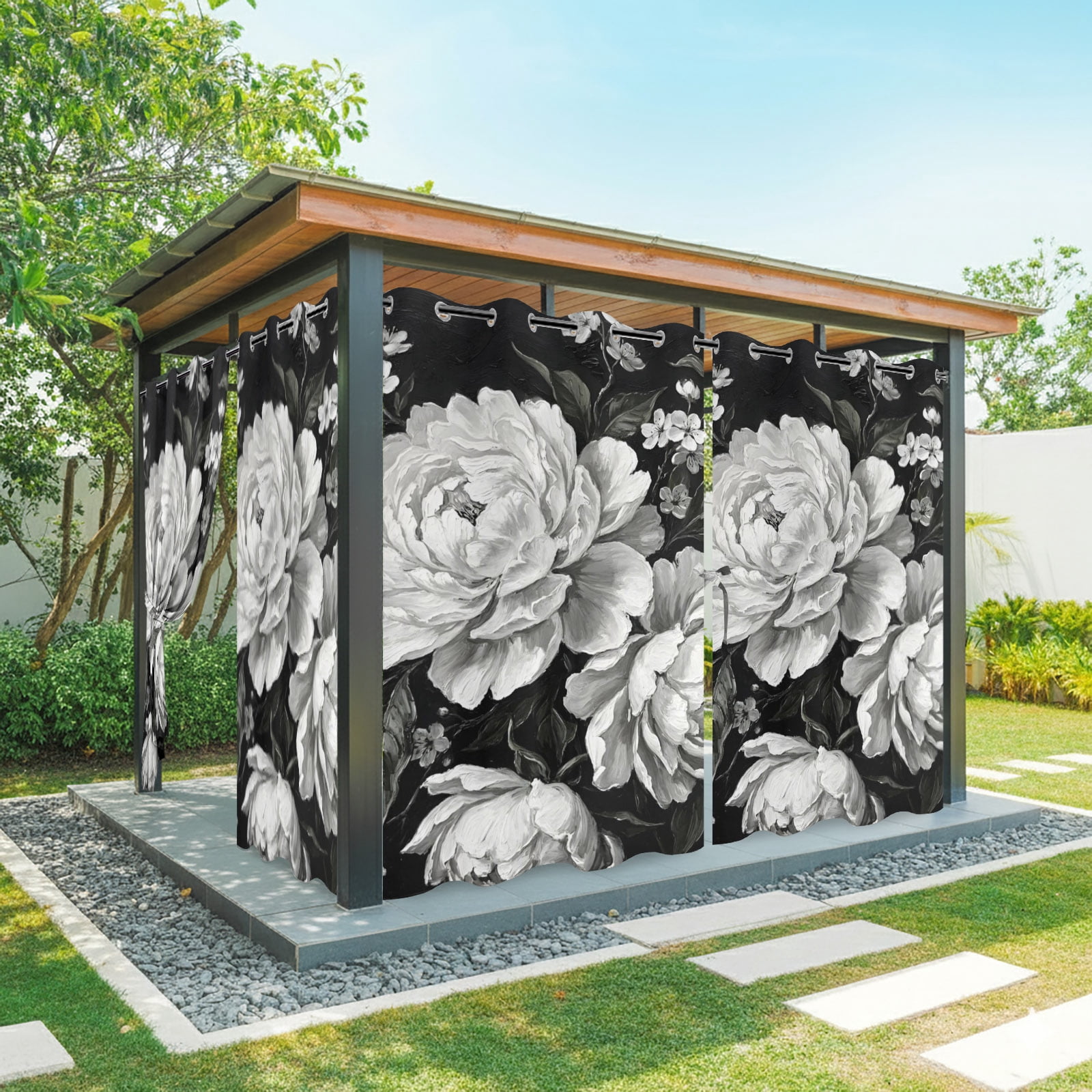 Blooming Peony Outdoor Curtains for Patio, Floral Black White Plant Sunshade Privacy Drapes Grommet Waterproof Outside Curtains for Porch/Cabana/Balcony 54"x 108", 1 Panel