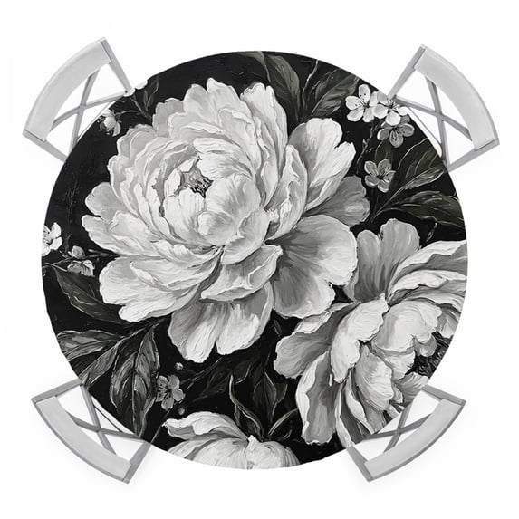 Blooming Peony Round Table Cover, Floral Black White Plant Waterproof Fitted Tablecloths for 36"-44" Tables, Washable Picnic Table Cover for Camping Dining Indoor Outdoor