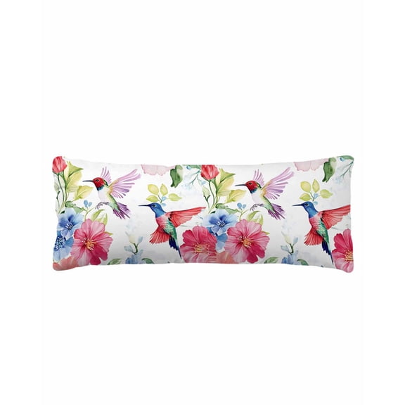 Blooming Pink Floral Body Pillow Cover 20 x 60 Inch Decorative Pillow Cover Pastoral Chic Flowers Hummingbird Lumbar Pillowcase Seasonal Rectangle Cushion Case for Couch Sofa Bed Living Room