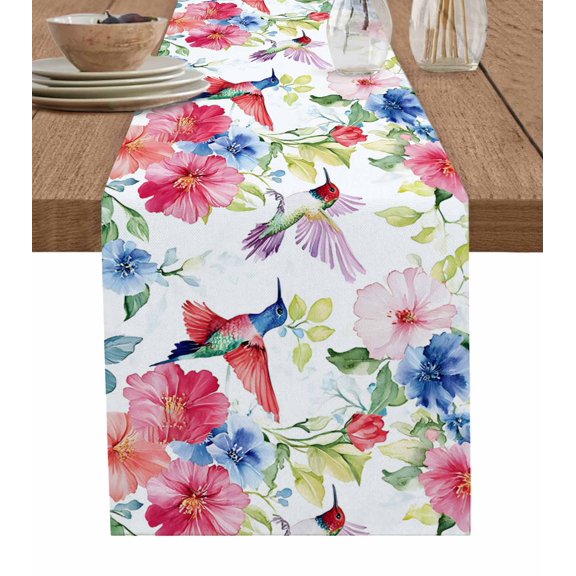 Blooming Pink Floral Burlap Cotton Table Runner 13x36 Inches Short, Pastoral Chic Flowers Hummingbird Farmhouse Table Runners, Outdoor Dining Tablecloths Decor for Baby Shower/Party/Wedding