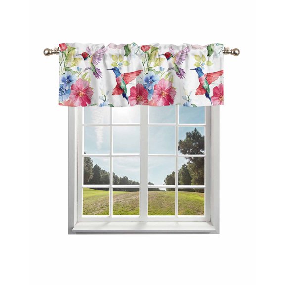 Blooming Pink Floral Curtain Valance for Windows/Living Room/Kitchen/Bathroom/Café, Short Rod Pocket Tier Curtain Window Treatment Panel Pastoral Chic Flowers Hummingbird Topper Curtain 60''x18''