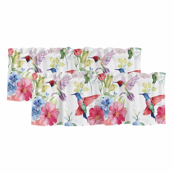 Blooming Pink Floral Curtain Valances for Windows, Kitchen Valance Window Treatments Panel 2 Pack, Pastoral Chic Flowers Hummingbird Rod Pocket Short Curtains for Bathroom Bedroom 42 x 12 Inch