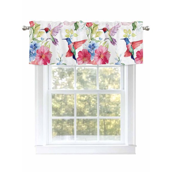 Blooming Pink Floral Curtain Valances for Windows, Pastoral Chic Flowers Hummingbird Kitchen Valance Window Treatment, Light Filtering Block Curtains for Bathroom/Bedroom/Living Room 42'' x 12''