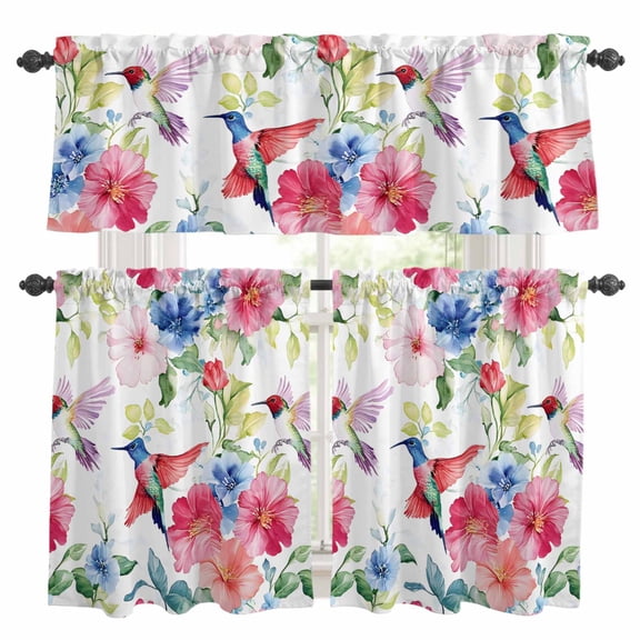 Blooming Pink Floral Kitchen Curtains Sets for Windows 24 Inch Length, Pastoral Chic Flowers Hummingbird Rod Pocket Window Treatments Tier Curtains and Valances Set for Bedroom/Bathroom