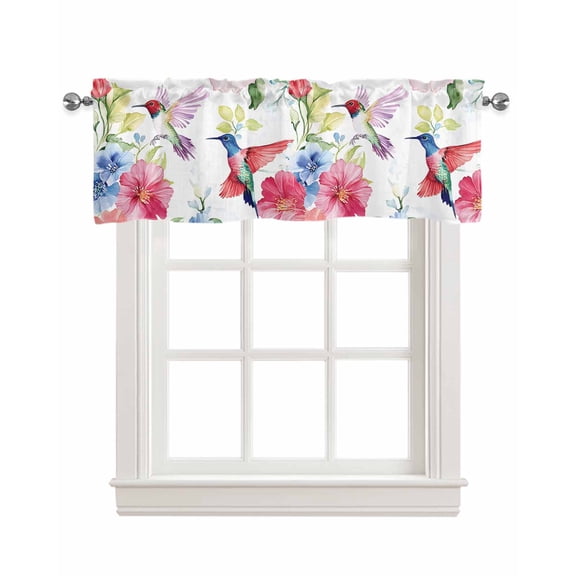 Blooming Pink Floral Kitchen Valances for Windows Farmhouse Linen Window Valance Curtain for Living Room Window Treatment Pastoral Chic Flowers Hummingbird Valance Rod Pocket Topper, 42 x 12 Inch