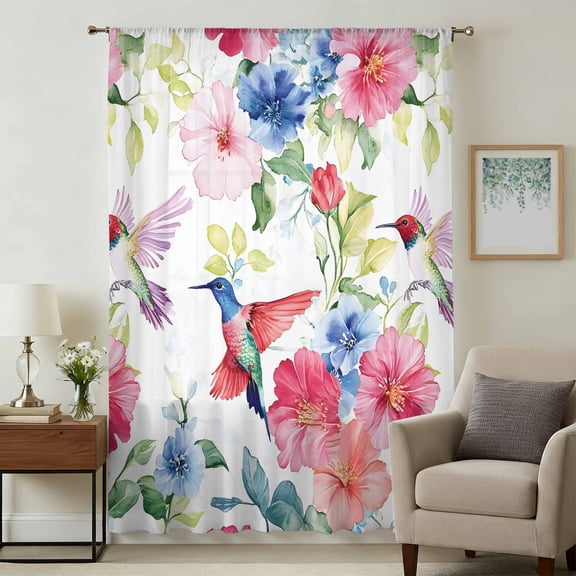 Blooming Pink Floral Sheer Curtains 45 Inches Long, Pastoral Chic Flowers Hummingbird Light Filering Curtains, Breathable Simi Curtain Privacy Drapes for Kitchen Bathroom Small Window Treatment