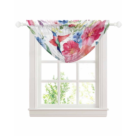 Blooming Pink Floral Sheer Waterfall Valance Curtains for Window, Pastoral Chic Flowers Hummingbird Rod Pocket Sheer Topper Swag Curtains for Living Room, Kitchen 38.5"W x 47.2"L, 1 Panel
