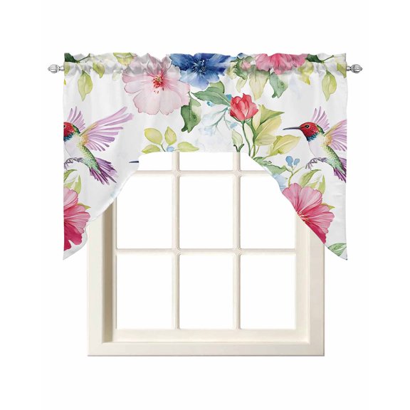 Blooming Pink Floral Swag Valances for Windows, Small Curtains Drapes, Pastoral Chic Flowers Hummingbird Kitchen Window Curtains Over Sink Window Treatment Valance for Bedroom/Bathroom 56"x36"