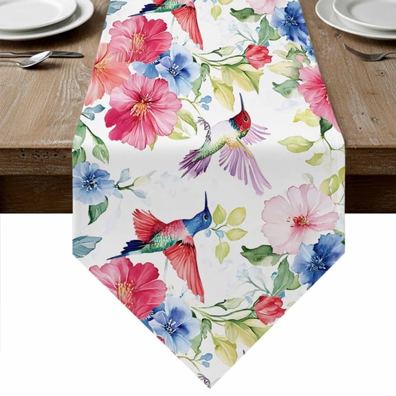 Blooming Pink Floral Table Runner Linen Burlap Table Runner 90 Inches Long Pastoral Chic Flowers Hummingbird Dresser Scarves for Kitchen Island Coffee Dining Party Wedding Holiday Decor 13"x90"