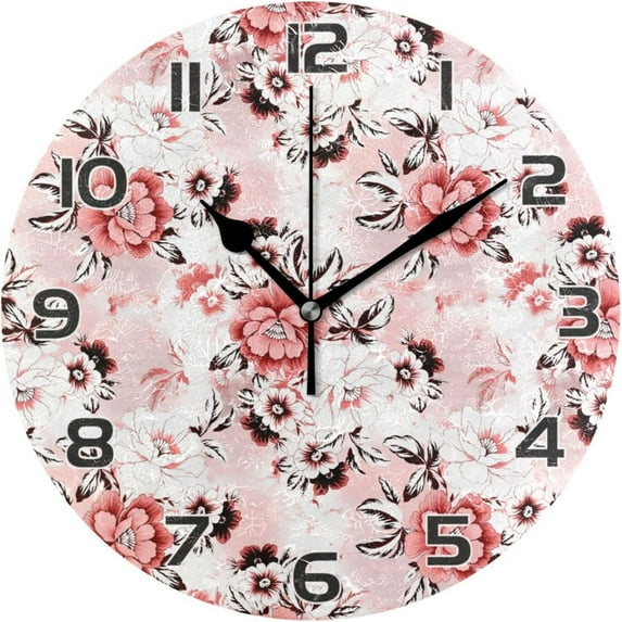 Blooming Pink Flower Wall Clock Round Vintage Silent Non Ticking Battery Operated Accurate Arabic Numerals Design for Home Kitchen Living Room Bedroom Inch