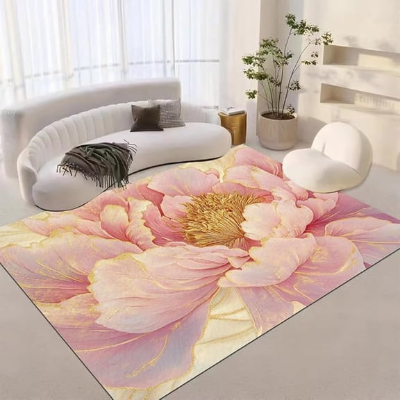 Blooming Pink Flowers 3D Print Pattern Rug, Shiny Gold Texture Area Rugs, Non-Slip Washable Carpet for Indoor Bedroom Living Room Home Office Kids Room Balcony 4 x 6ft