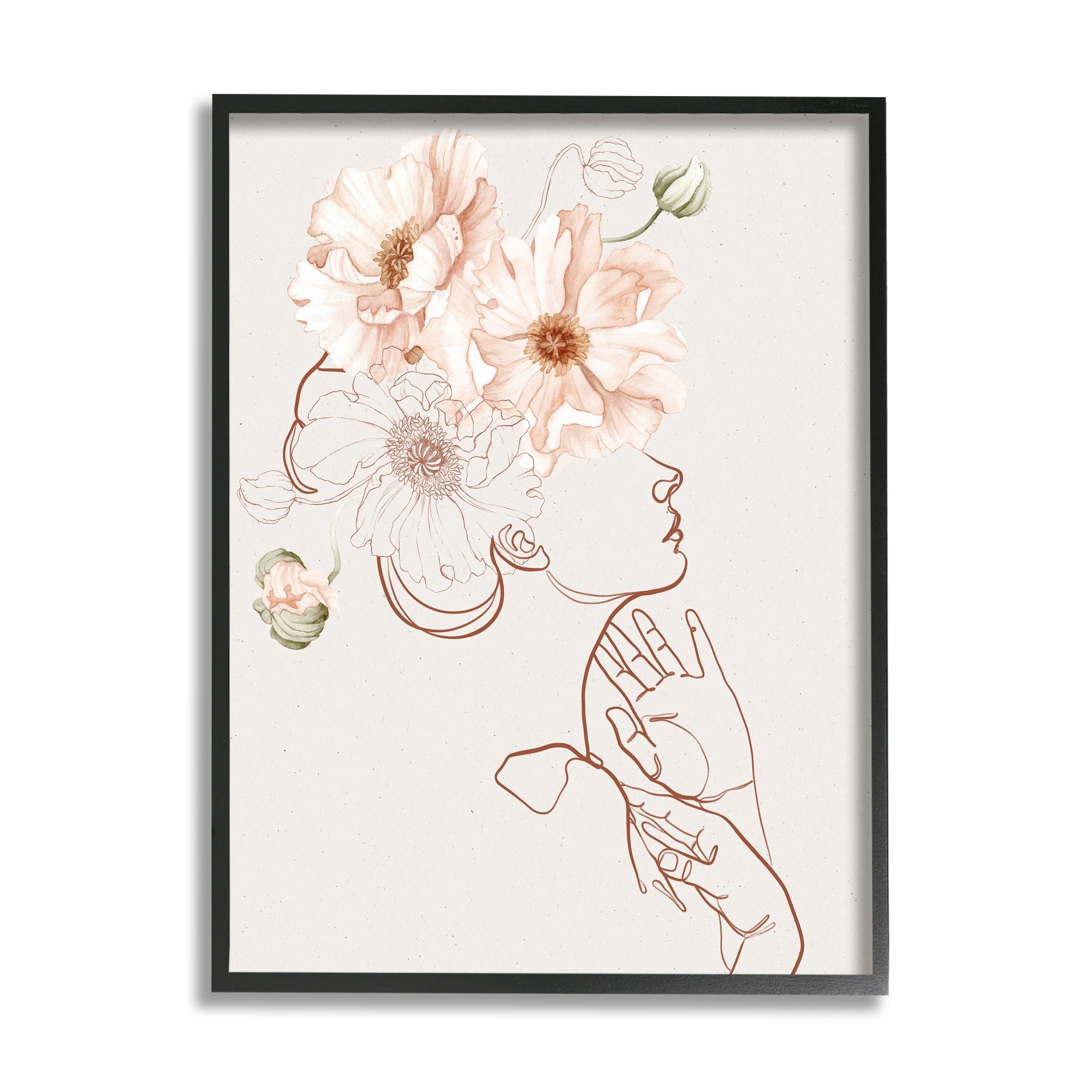 Blooming Pink Flowers Woman Minimal Outline Design Botanical & Floral Graphic Art Framed Art Print Wall Art