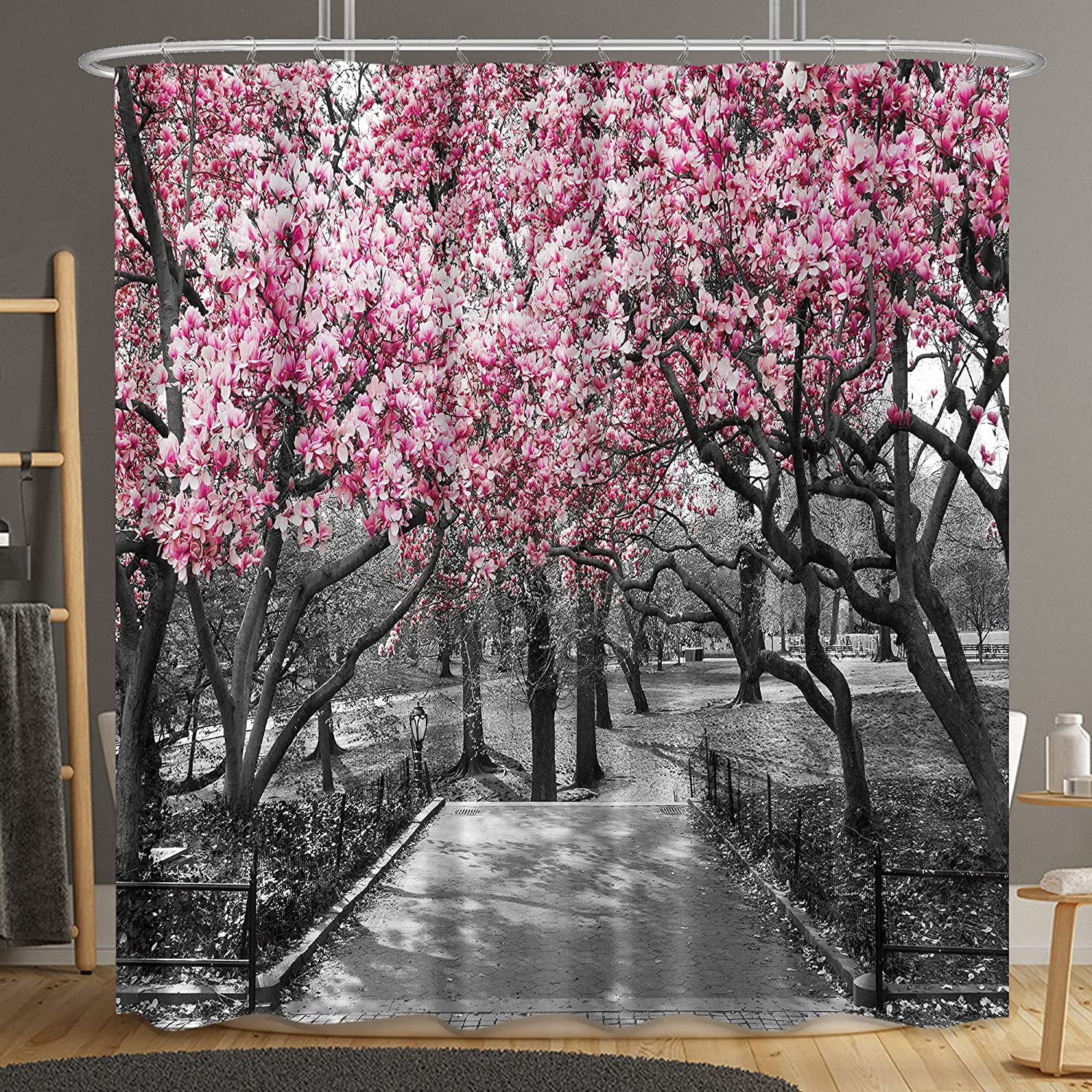 Blooming Pink and Gray Shower Curtain Flowers Cherry Blossoms Park Spring Floral Trees Road Landscape Scenic Fabric Waterproof Bathroom Decor Set 72x72 Inch 12 Shower Plastic Hooks