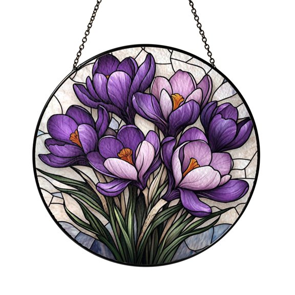 Blooming Purple Crocus Flowers Stained Glass Style Window Hanging Suncatcher, Fresh Spring Garden Decor Gift