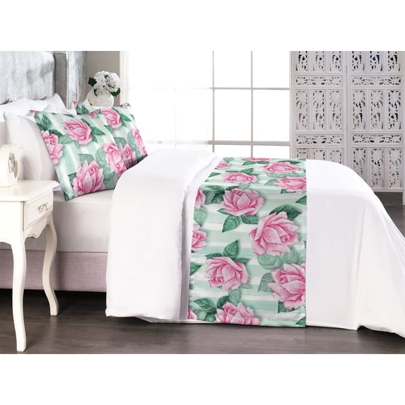 Blooming Roses Bed Runner Set, Vintage Floral Boho Pattern with Greenery Leaves on Striped Back, Decorative Bedding Scarf & 2 Pillow Shams for Hotels Homes, Queen, Pastel Pink Jade Green, by Ambesonne