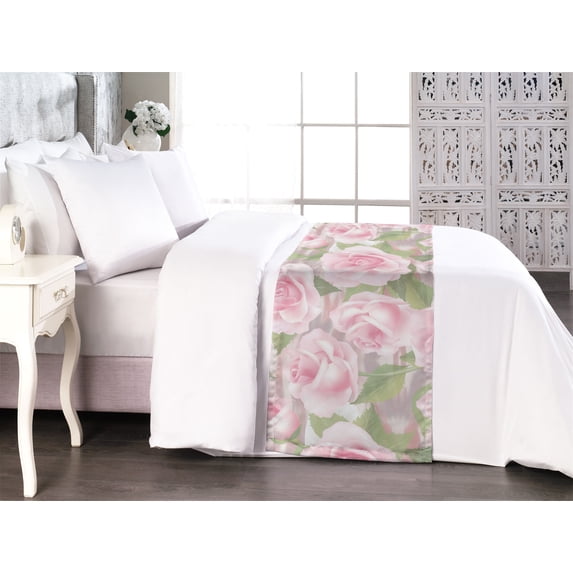 Blooming Roses Bed Runner, Vintage Illustration of a Flower with Soft Colors Leaves Art, Decorative Accent Bedding Scarf for Hotels Homes & Guest Rooms, Queen, Pistachio Green Pale Pink, by Ambesonne