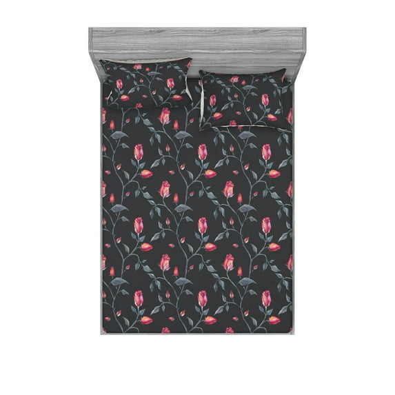 Blooming Roses Fitted Sheet & Pillow Sham Set, Night Jungle Vibe Flowers Boho with Neutral Leafy Peduncles, Decorative Printed 3 Piece Bedding Decor, Full, Dark Sea Green Dark Coral, by Ambesonne