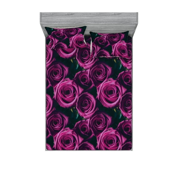 Blooming Roses Fitted Sheet & Pillow Sham Set, Realist Look Garden Scene Flowers on Dark Jungle Back Neutral Art, Decorative Printed 3 Piece Bedding Decor, King, Magenta Hot Pink Teal, by Ambesonne