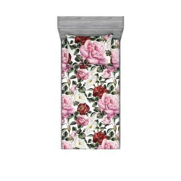Blooming Roses Fitted Sheet & Pillow Sham Set, Romantic Pattern of Garden Scene Floral with Falling Leaves Art, Decorative Printed 2 Piece Bedding Decor, Twin, Pale Pink Peacock Green, by Ambesonne