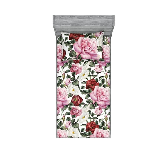 Blooming Roses Fitted Sheet & Pillow Sham Set, Romantic Pattern of Garden Scene Floral with Falling Leaves Art, Decorative Printed 2 Piece Bedding Decor, Twin, Pale Pink Peacock Green, by Ambesonne