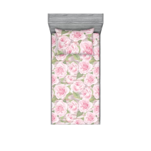 Blooming Roses Fitted Sheet & Pillow Sham Set, Vintage Illustration of a Flower with Soft Colors Leaves Art, Decorative Printed 2 Piece Bedding Decor, Twinxl, Pistachio Green Pale Pink, by Ambesonne