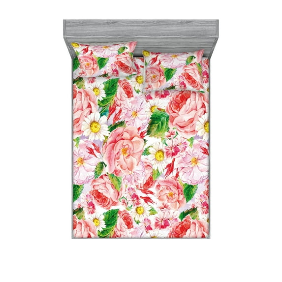 Blooming Roses Fitted Sheet & Pillow Sham Set, Warm Colors Daisy and Rose Pattern with Leaves Greenery Print, Decorative Printed 3 Piece Bedding Decor, Full, Pastel Pink Fern Green, by Ambesonne
