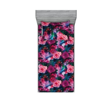 Blooming Roses Fitted Sheet & Pillow Sham Set, Wild Nature Themed Spring Flowers Retro Pattern Watercolor Print, Decorative Printed 2 Piece Bedding Decor, Twin, Dark Magenta Pale Pink, by Ambesonne