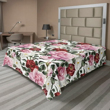 Blooming Roses Flat Sheet, Romantic Pattern of Garden Scene Floral with Falling Leaves Art, Soft & Comfy Top Sheet Decorative Bedding 1 Piece, California King, Pale Pink Peacock Green, by Ambesonne