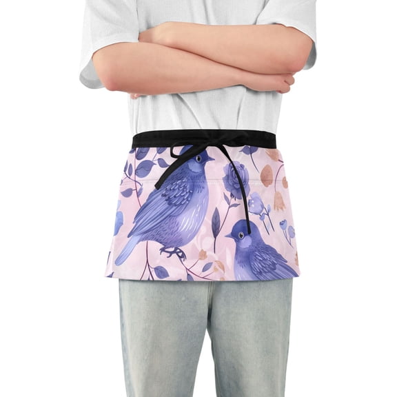 Blooming Roses Leaves and Birds Short Server Apron with 3 Pockets for Unisex Chef Gardening