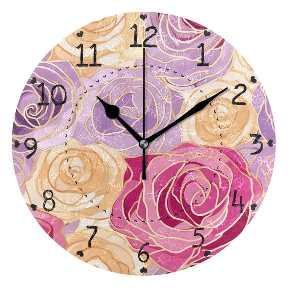 Blooming Roses Round Wall Clock Silent Analog Battery Operated Black Pointer Home Decor 9.84" Diameter