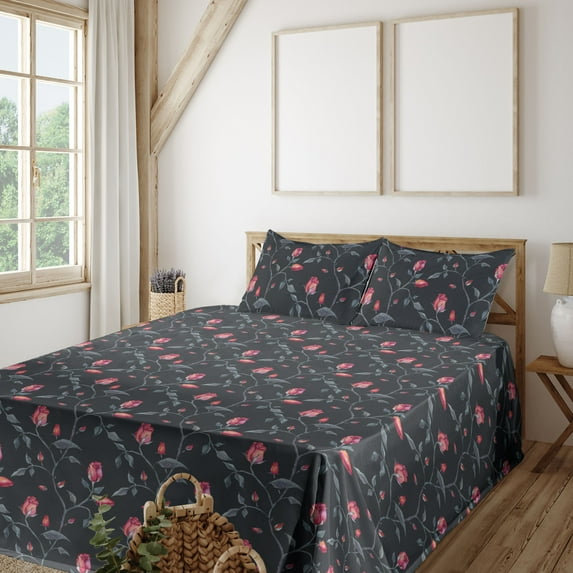 Ambesonne Blooming Roses Fitted & Flat Sheet with Shams 4 Pcs Set, Boho Jungle Flowers, King, Dark Sea Green Dark Coral