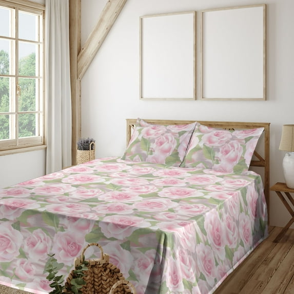 Ambesonne Blooming Roses Fitted & Flat Sheet with Shams 4 Pcs Set, Leafy Vintage Flower, Calking, Pistachio Green Pale Pink