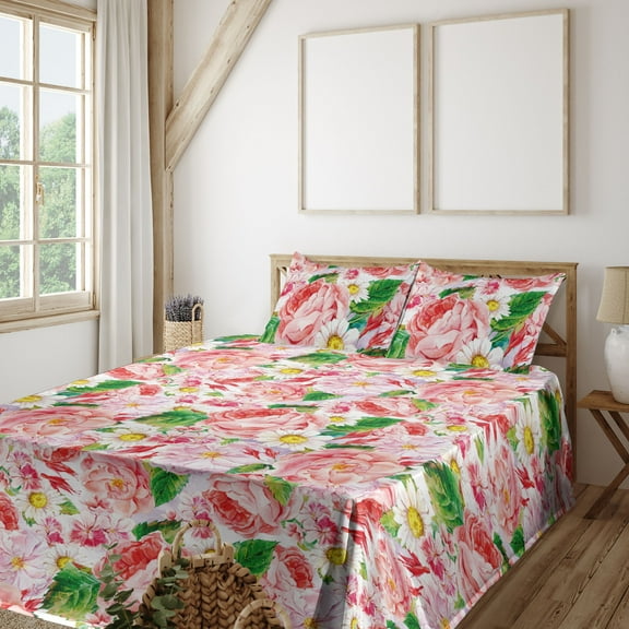 Ambesonne Blooming Roses Fitted & Flat Sheet with Shams 4 Pcs Set, Daisy and Rose Print, King, Pastel Pink Fern Green