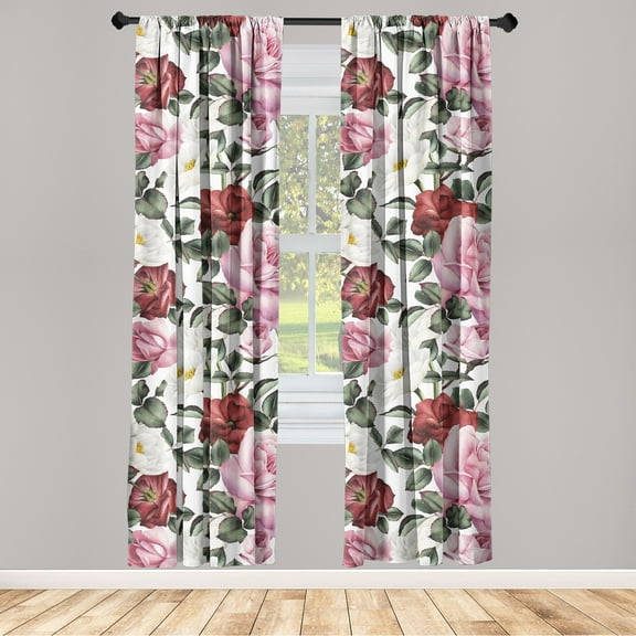 Blooming Roses Window Curtains, Romantic Pattern of Garden Scene Floral with Falling Leaves Art, Lightweight Decor 2-Panel Set with Rod Pocket, Pair of - 28"x84", Pale Pink Peacock Green, by Ambesonne