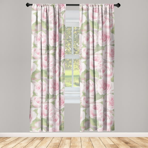 Blooming Roses Window Curtains, Vintage Illustration of a Flower with Soft Colors Leaves Art, Lightweight Decor 2-Panel Set with Rod Pocket, Pair of - 28"x84", Pistachio Green Pale Pink, by Ambesonne