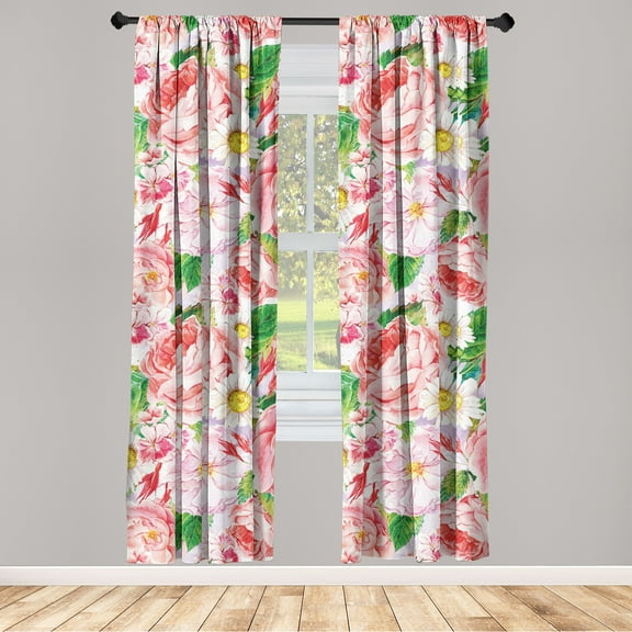 Blooming Roses Window Curtains, Warm Colors Daisy and Rose Pattern with Leaves Greenery Print, Lightweight Decor 2-Panel Set with Rod Pocket, Pair of - 28"x95", Pastel Pink Fern Green, by Ambesonne