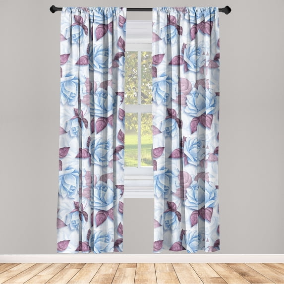 Blooming Roses Window Curtains, Winter Feels Flowers Vintage with Muted Colors Dreamy Pattern Art, Lightweight Decor 2-Panel Set with Rod Pocket, Pair of - 28"x84", Pale Maroon Soft Blue, by Ambesonne