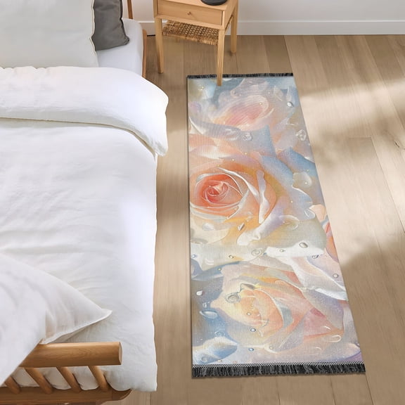 Blooming Roses with Dew Bedside Runner Rug 2'x 6' Non Slip Carpet Floor Mat Area Rug