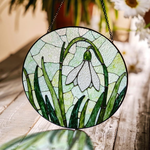 Blooming Snowdrop Flower Glass Suncatcher, Round Hanging Decor, 7.9 in