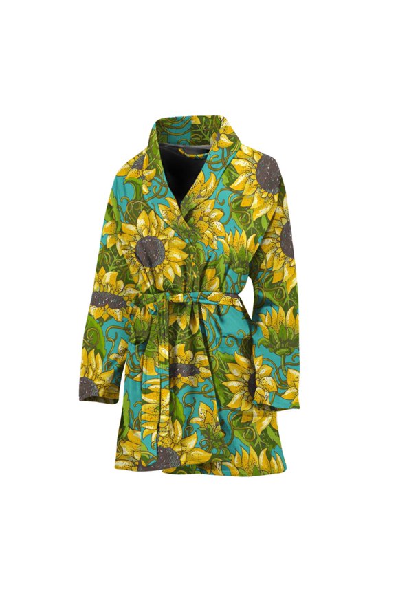 Blooming Sunflower Pattern Women Bathrobe One Size Univeral Fits Fashion Lightweight Plush Fleece Long Robe For Women