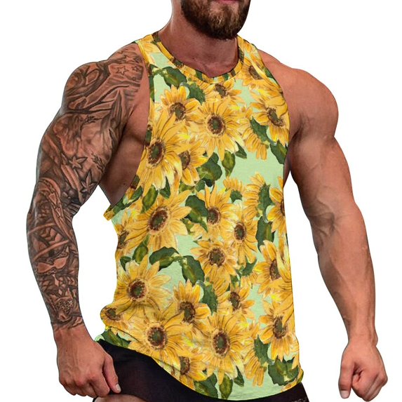 Blooming Sunflower Tank Top Men Yellow Flowers Bodybuilding Oversize Tops Daily Streetwear
