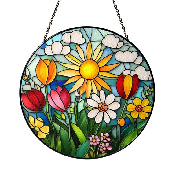 Blooming Sunflower Tulips Stained Glass Suncatcher, Round Garden Window Hanging, Fresh Floral Home Accent Gift