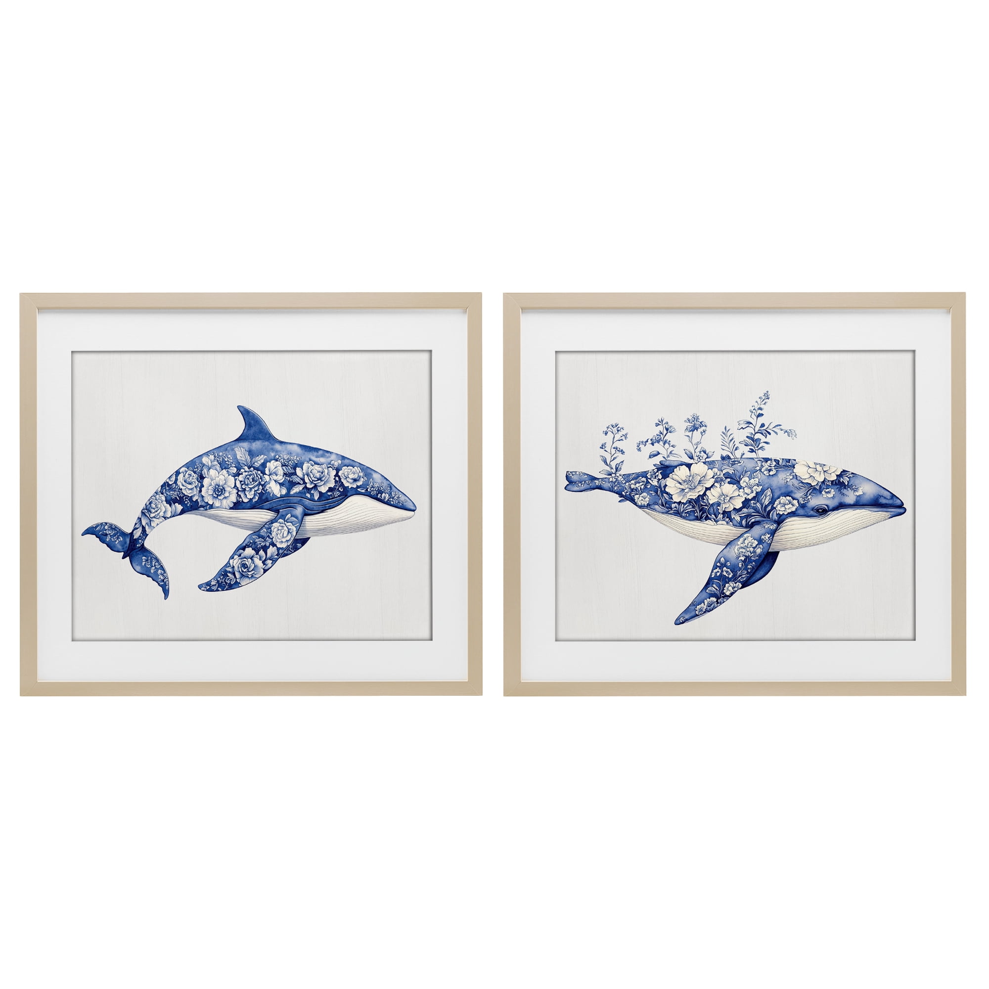Blooming Toile Pattern Whales 2 Piece Birch Framed Print Under Glass Set, design by Lettered and Lined