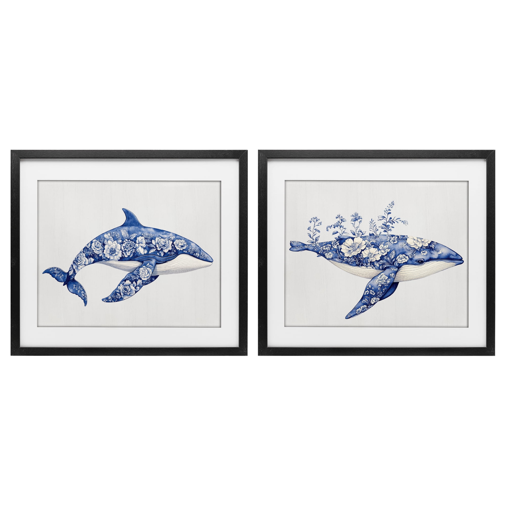 Blooming Toile Pattern Whales 2 Piece Black Framed Print Under Glass Set, design by Lettered and Lined