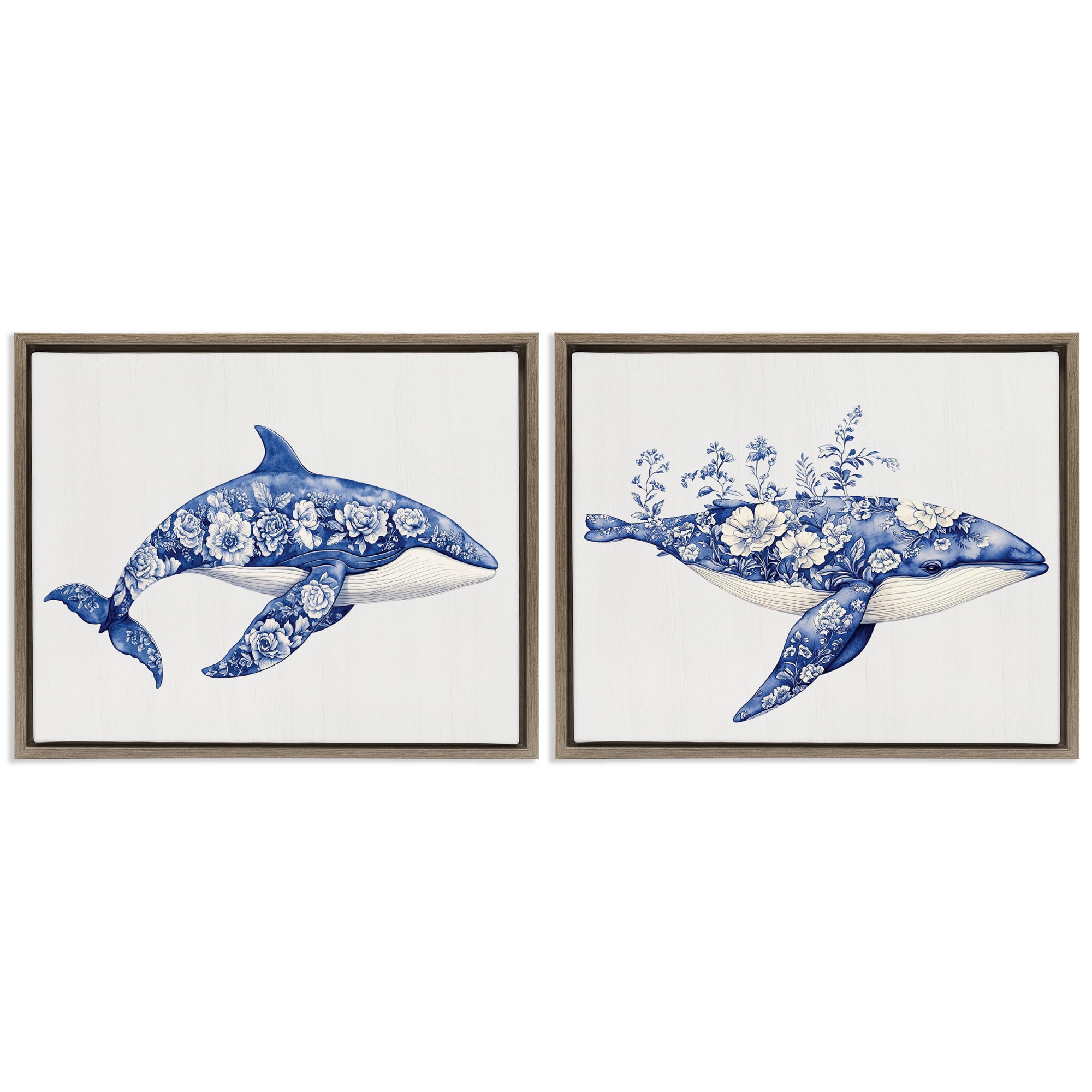 Blooming Toile Pattern Whales 2 Piece Brown Framed Floater Canvas Set, design by Lettered and Lined