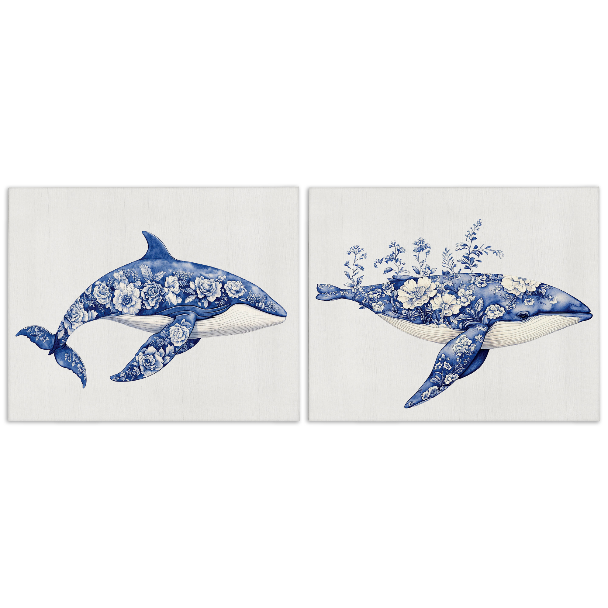 Blooming Toile Pattern Whales 2 Piece Canvas Wall Art Set, design by Lettered and Lined